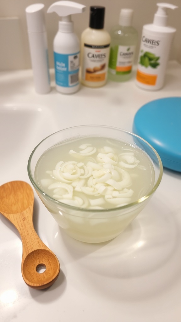 Onion Water for Hair Growth A bowl of onion water with chopped onions on a bathroom countertop.